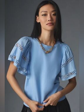Anthropologie Self Contrast Blue Flutter Sleeve Blouse Preppy Coastal Large Boho